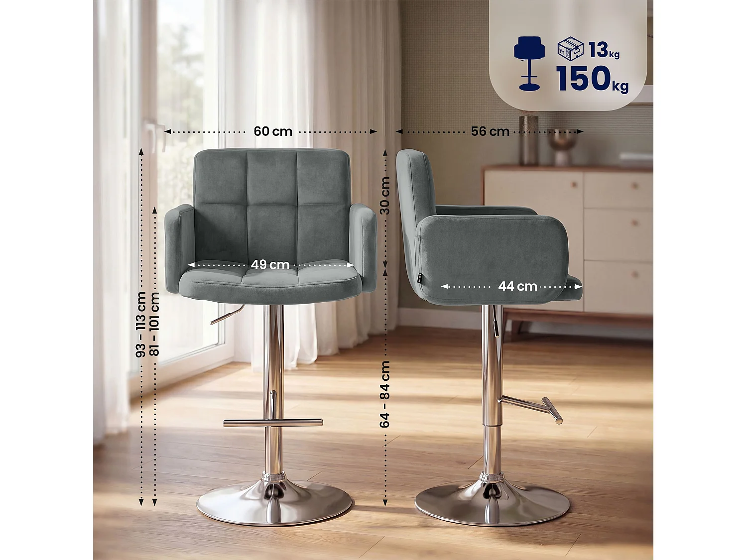 Tabouret de bar - Velours & Chrome - Gris - Los Angeles