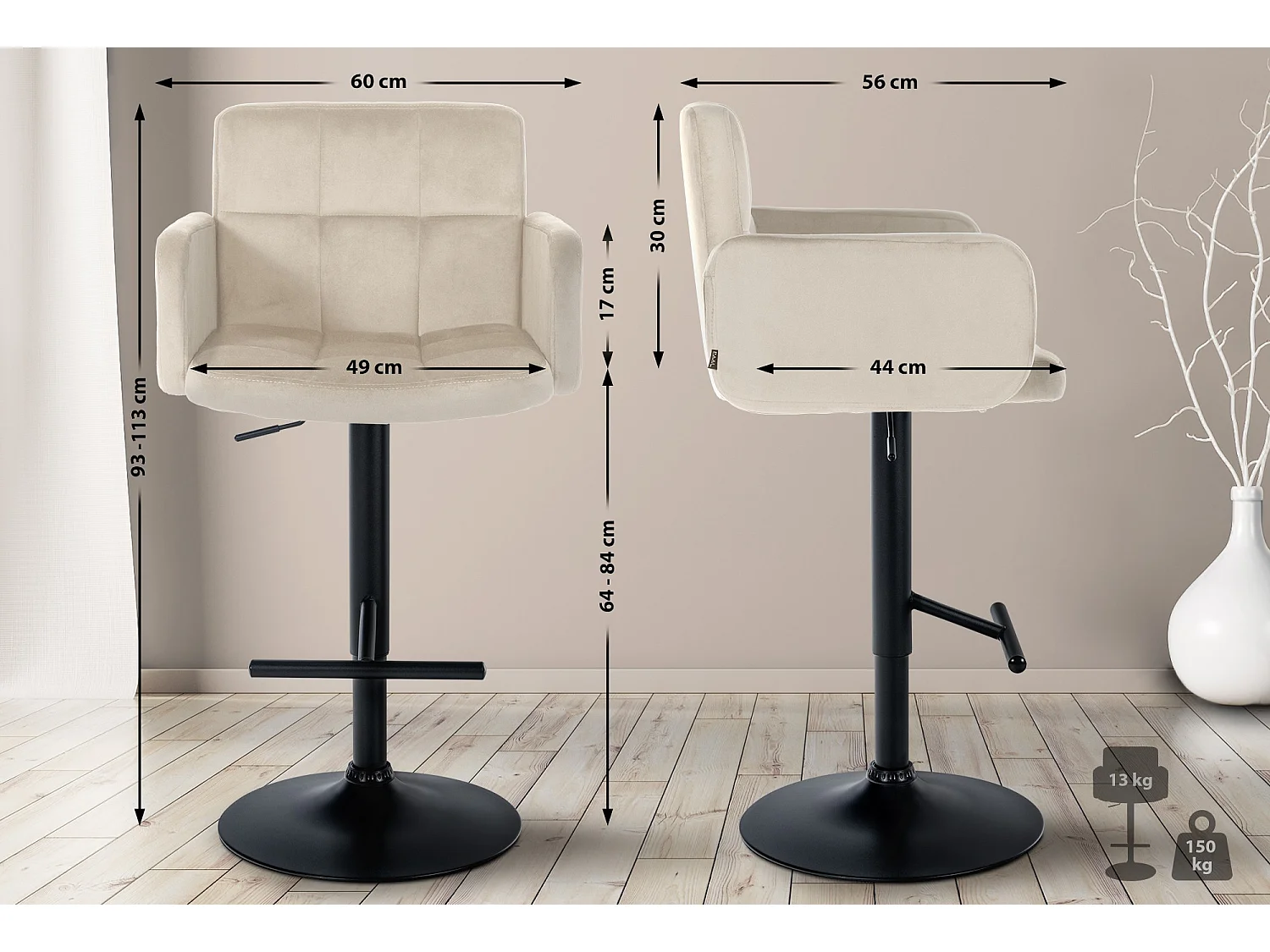 Tabouret de bar - Velours & Métal - Crème - Los Angeles