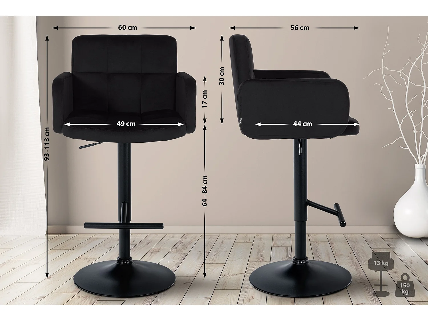 Tabouret de bar - Velours & Métal - Noir - Los Angeles