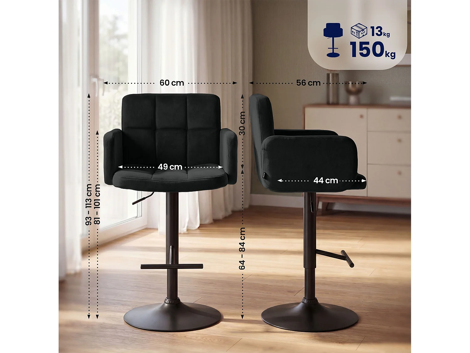 Tabouret de bar - Velours & Noir - Noir - Los Angeles
