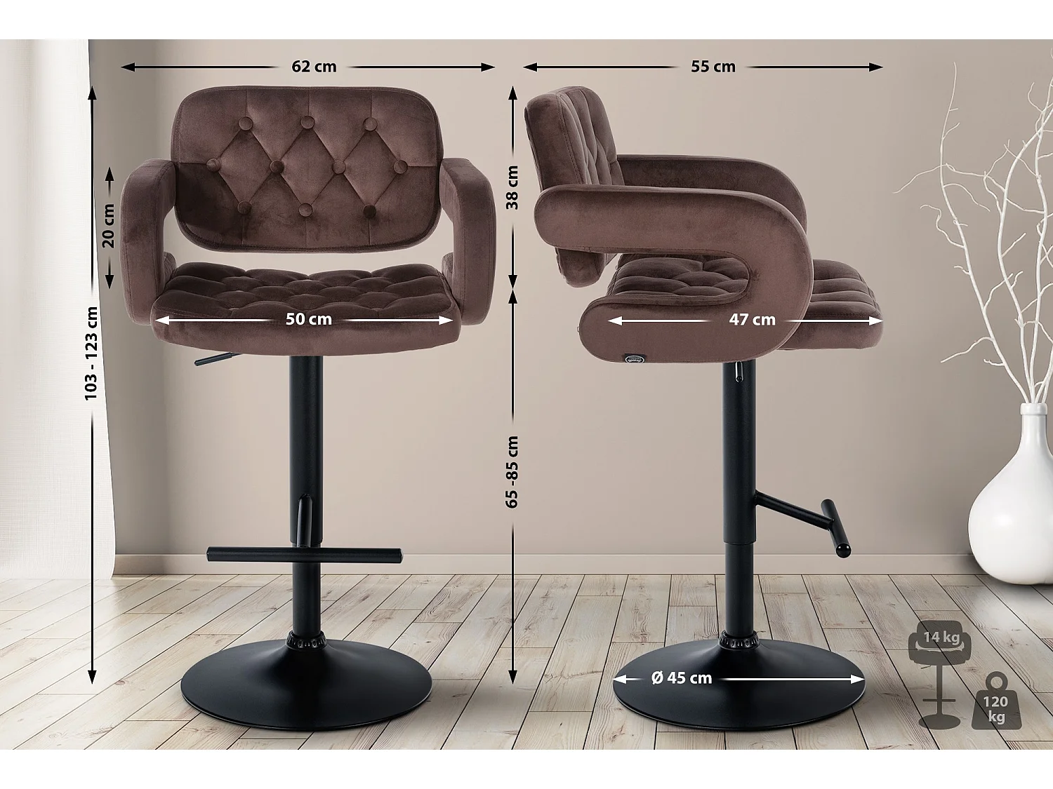 Tabouret de bar - Velours - Marron - Dublin