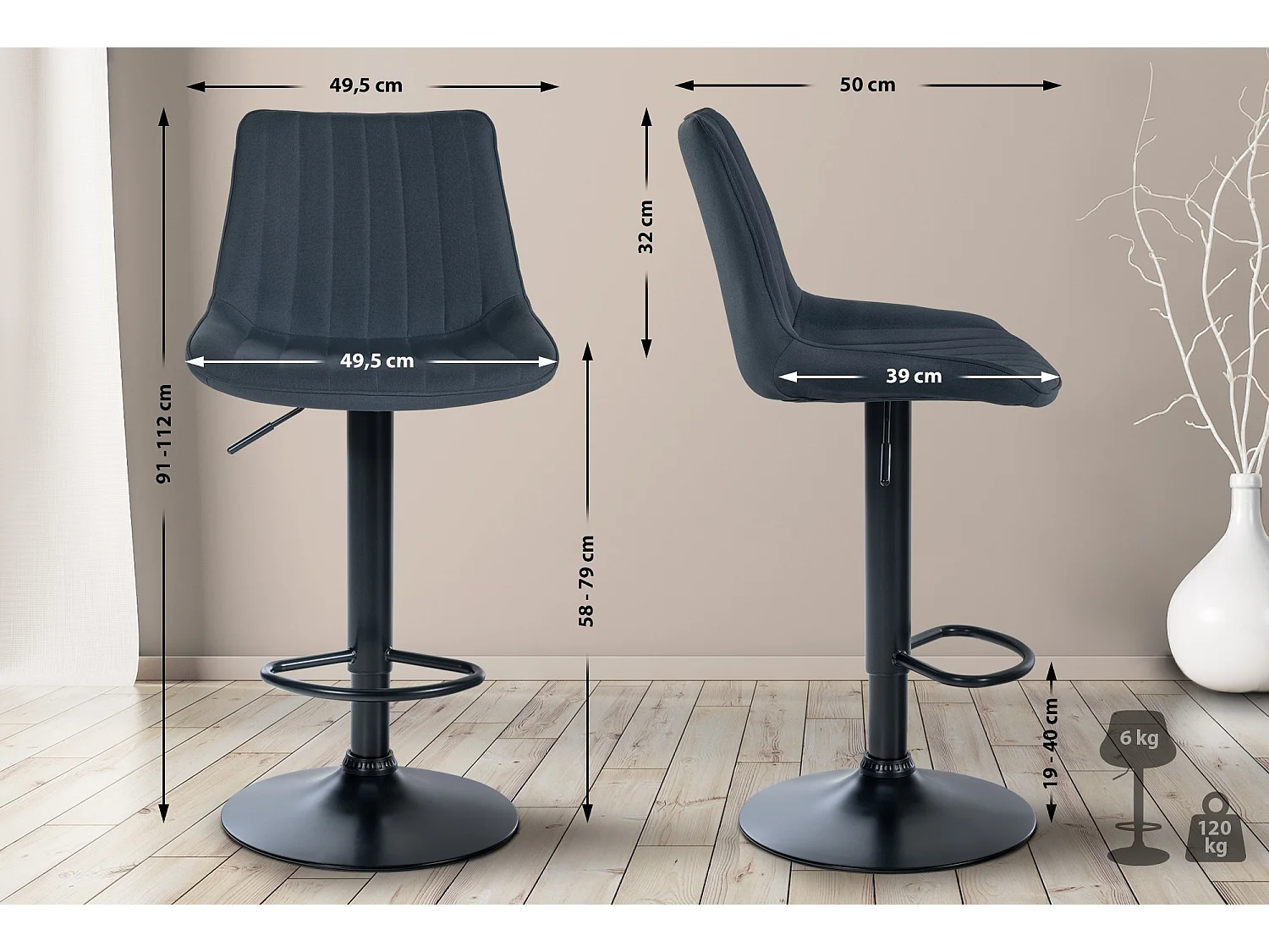 Tabouret de bar - Tissu & Noir - Gris foncé - Toni