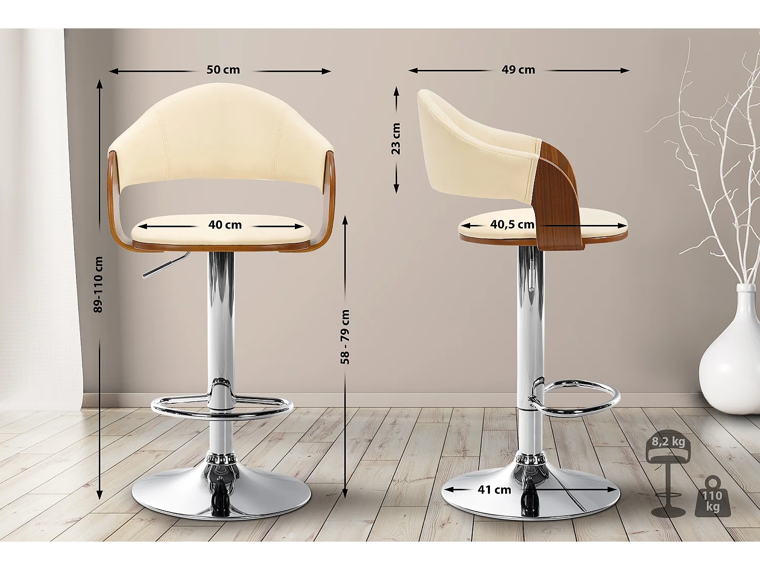 Barhocker - Kunstleder & Metall matt schwarz - walnuss/creme - Nilse