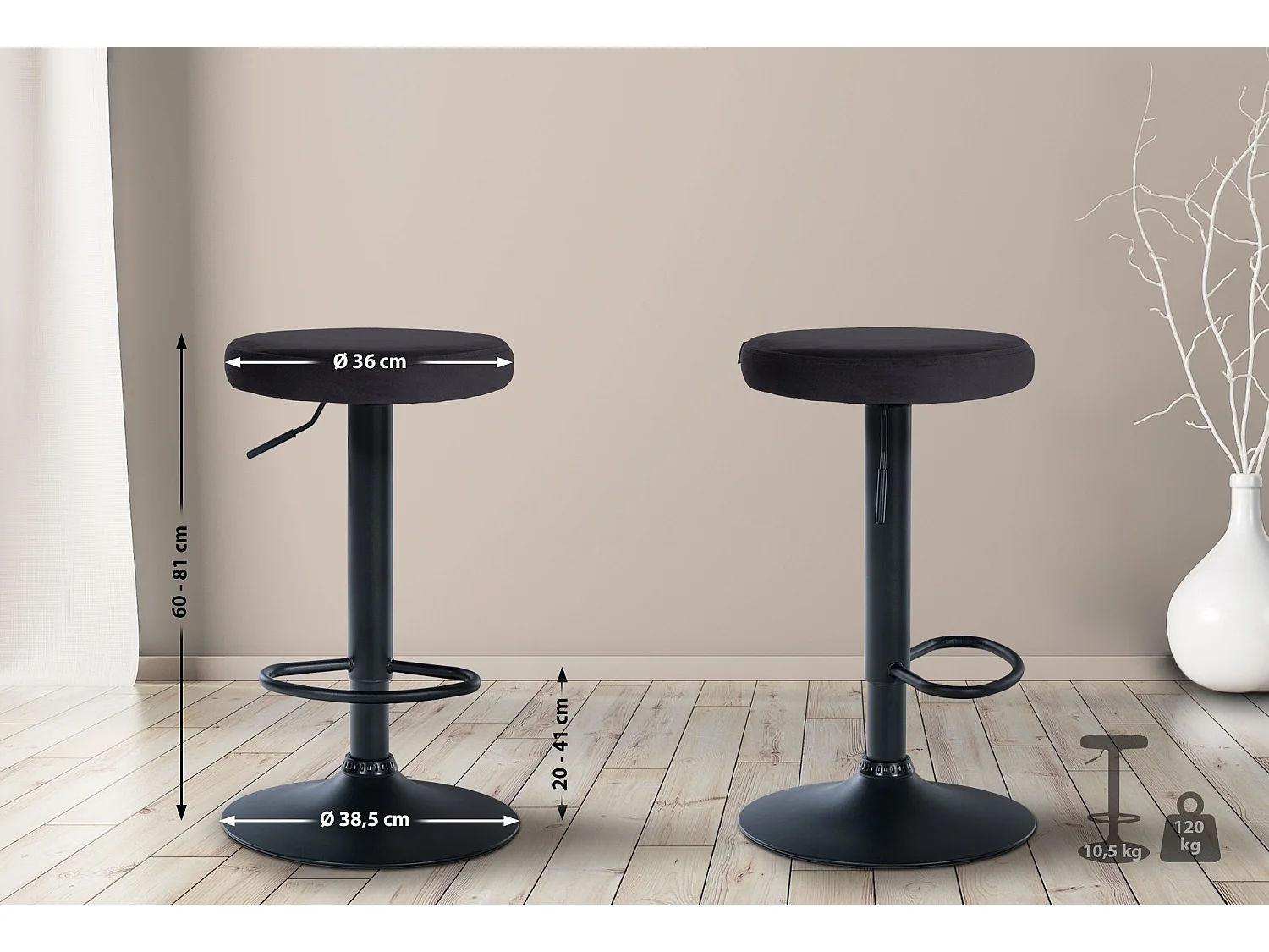 Lot de 2 Tabourets de bar - Velours & Métal - Noir - Ponte