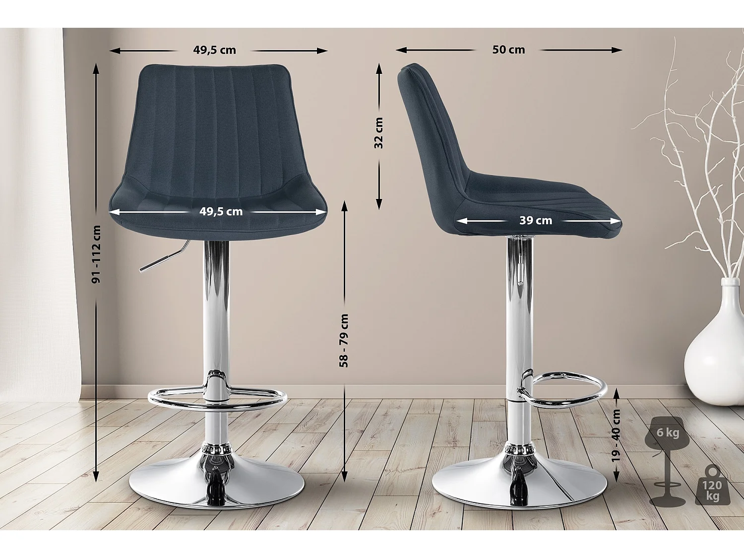 Tabouret de bar - Tissu & Chrome - Gris foncé - Toni