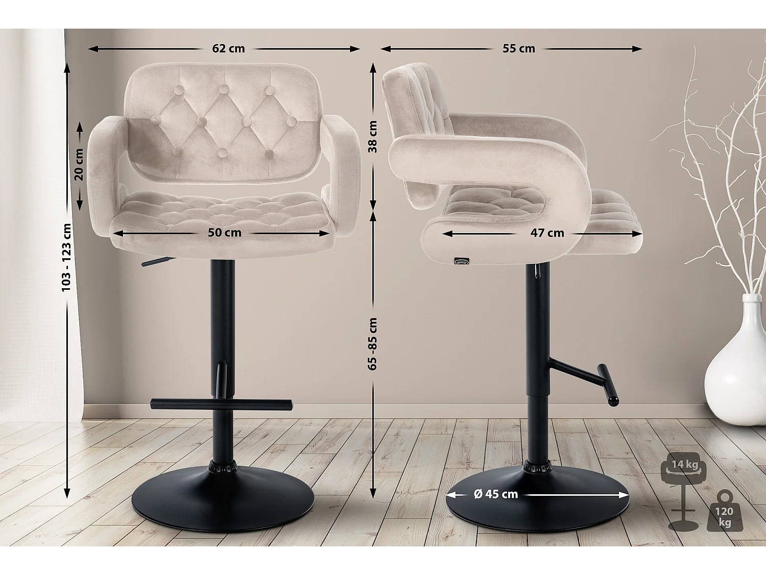 Tabouret de bar - Velours - Crème - Dublin