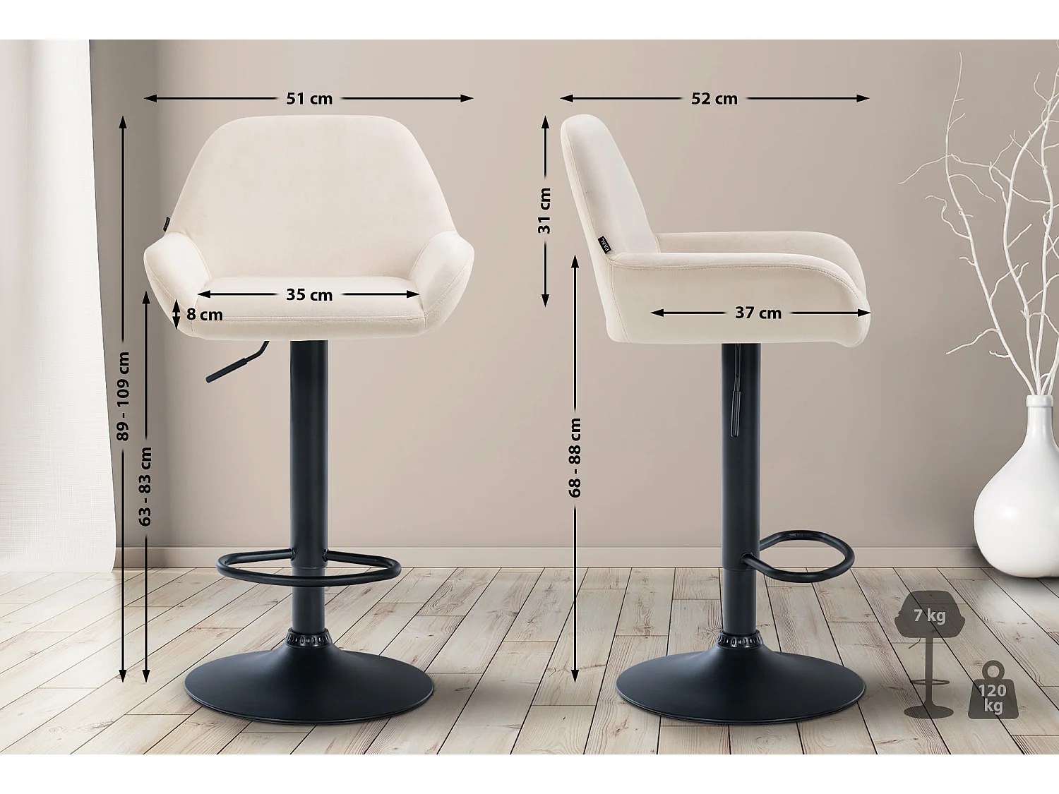 Lot de 2  Tabouret de bar - Velours - Crème - Braga