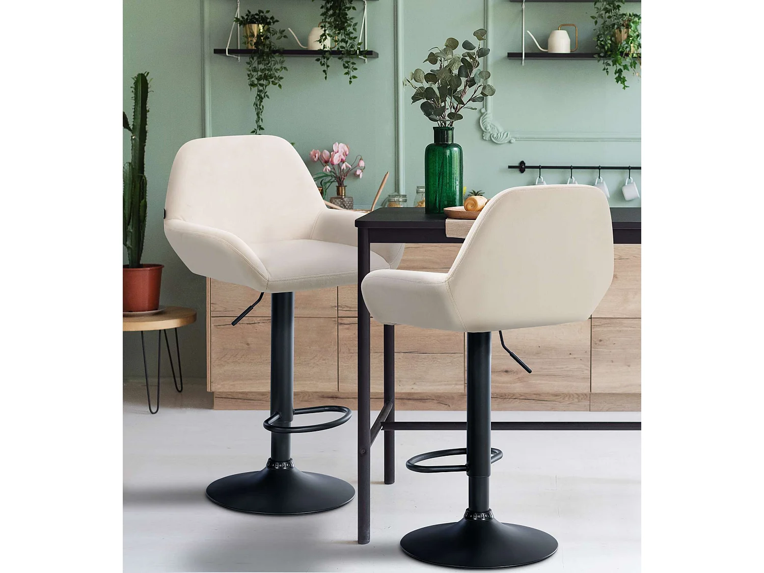 Lot de 2  Tabouret de bar - Velours - Crème - Braga