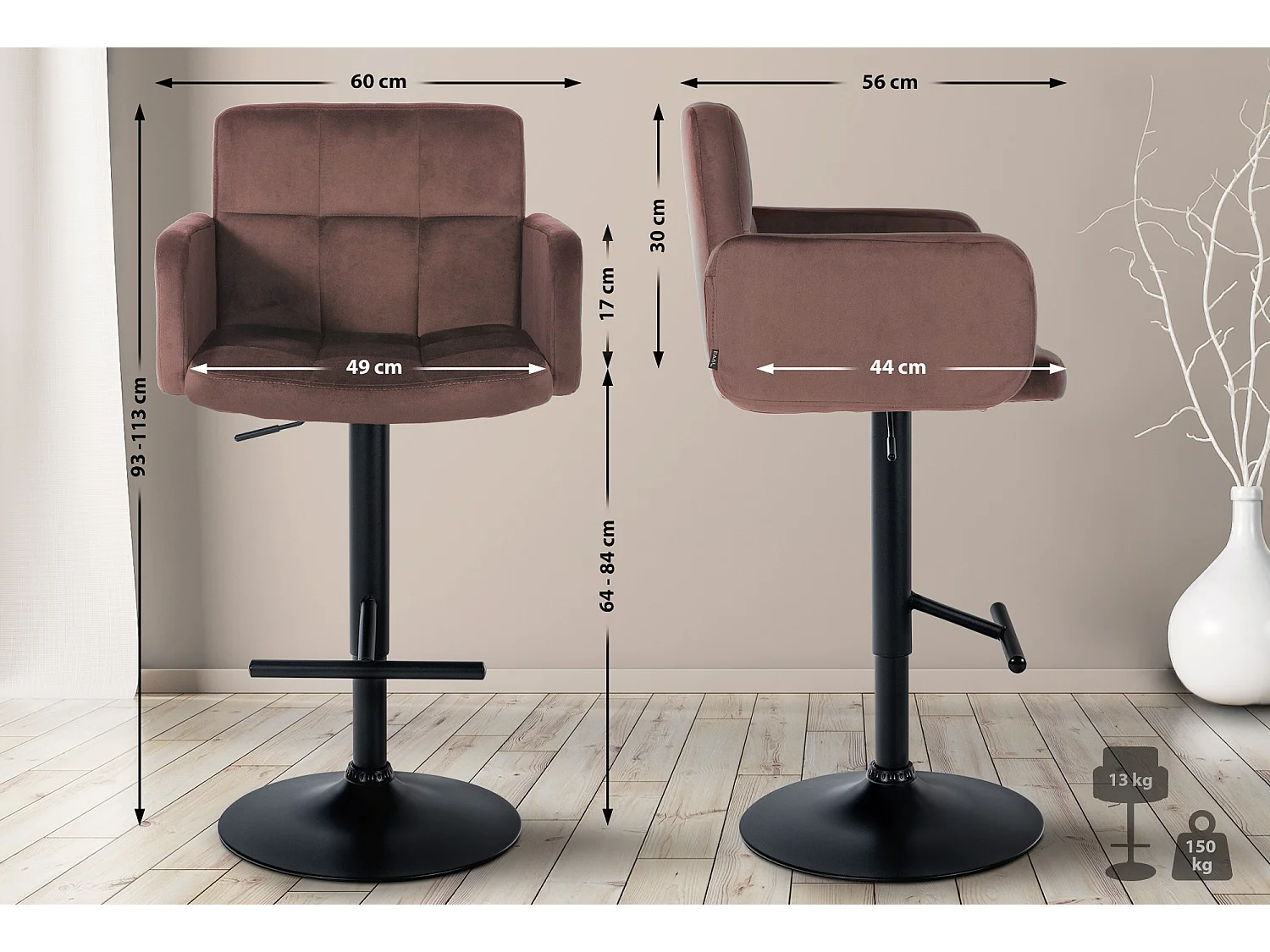 Tabouret de bar - Velours & Métal - Marron - Los Angeles