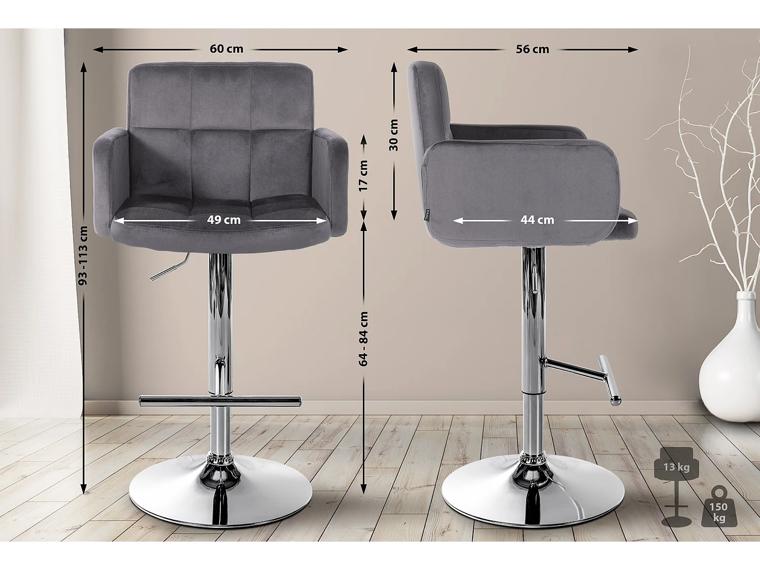 Tabouret de bar - Velours & Métal - Gris foncé - Los Angeles