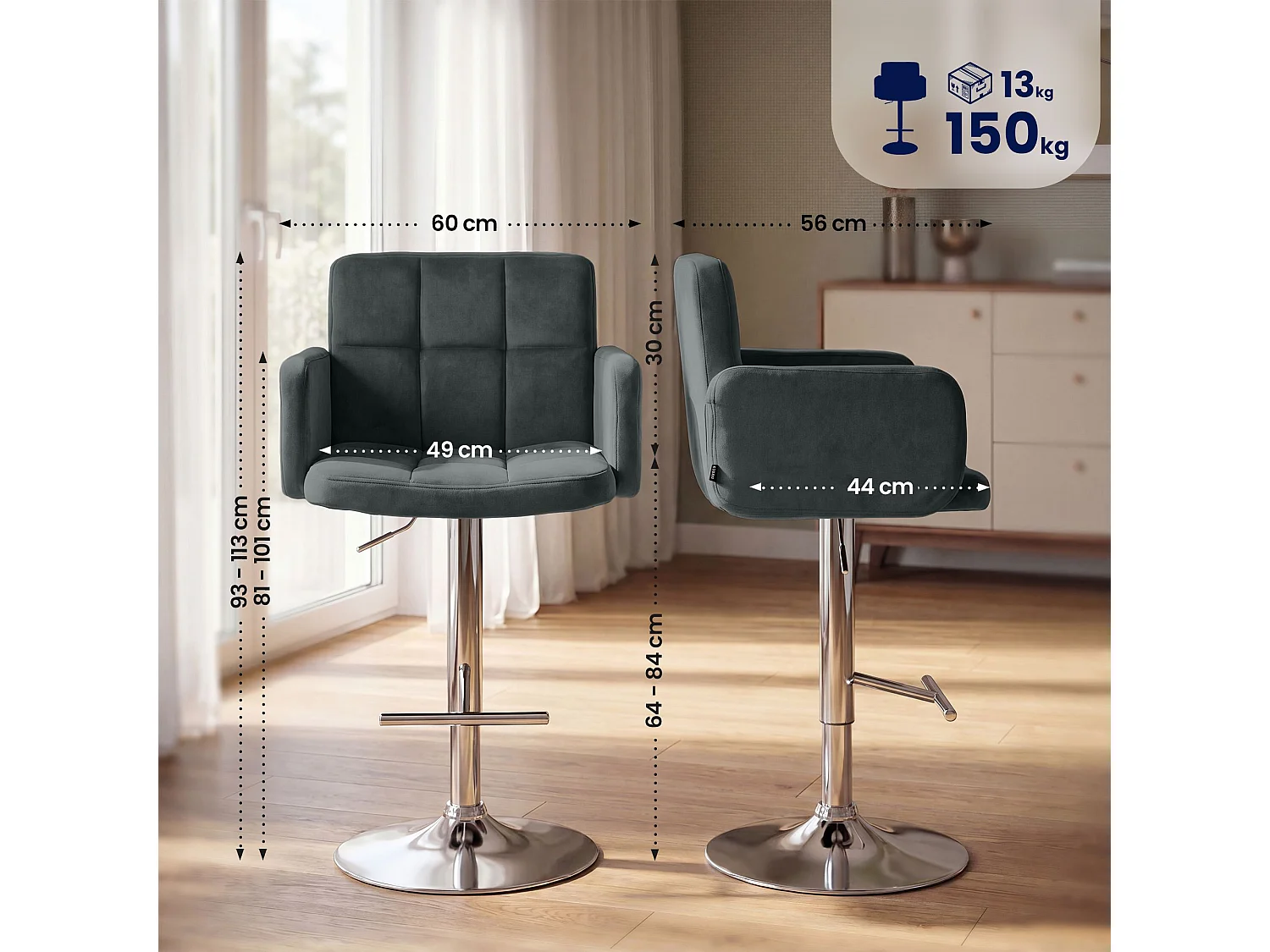 Tabouret de bar - Velours & Chrome - Gris foncé - Los Angeles