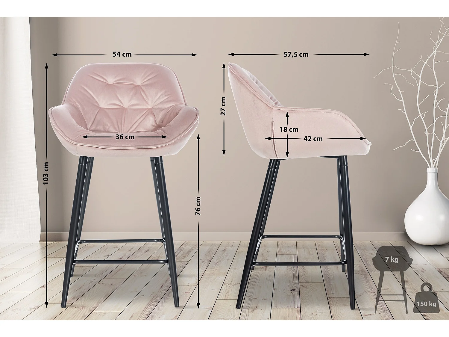 Tabourets de bar - Velours & Métal - Rose - Gibson 76