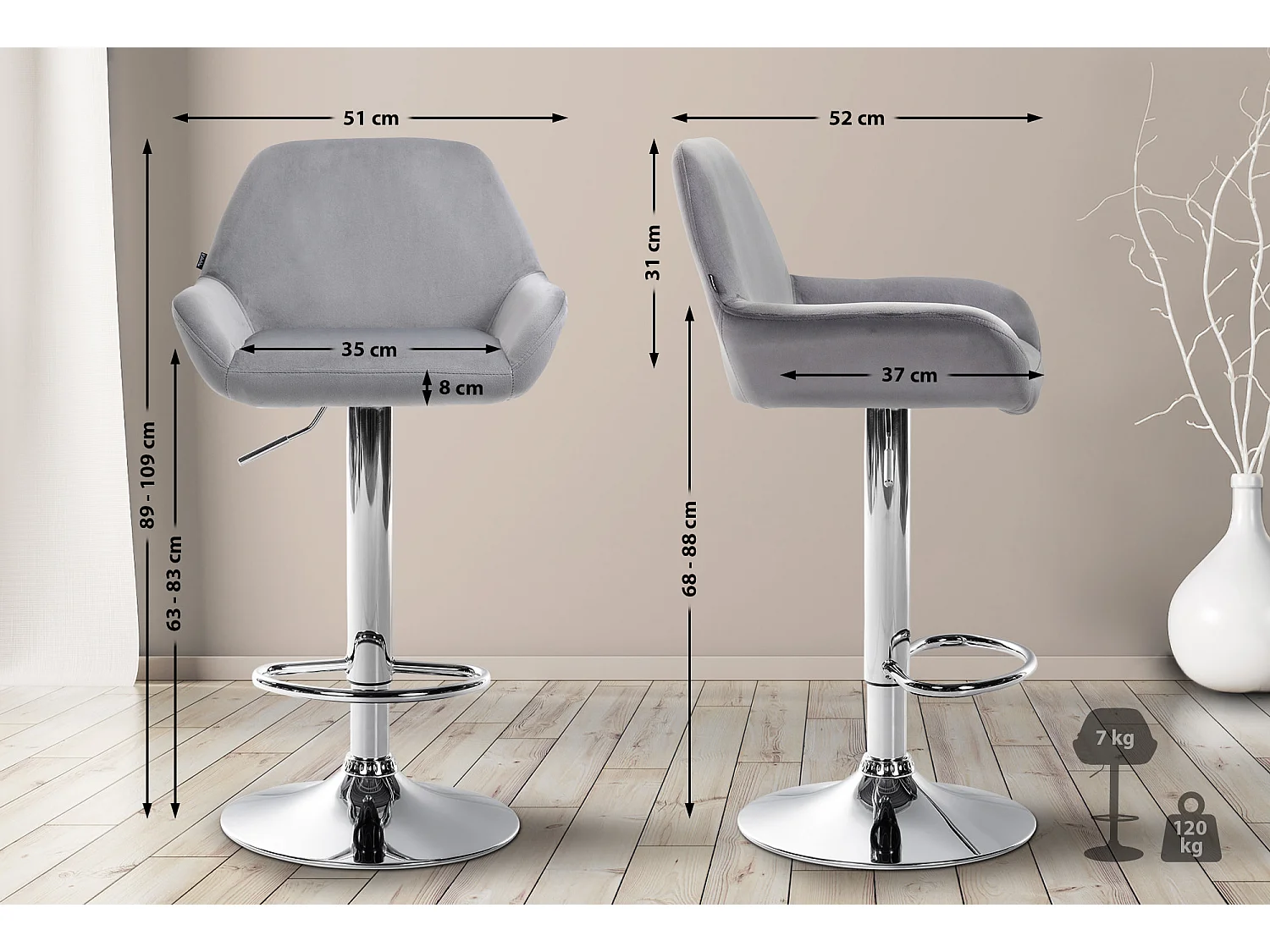 Lot de 2  Tabouret de bar - Velours - Gris - Braga