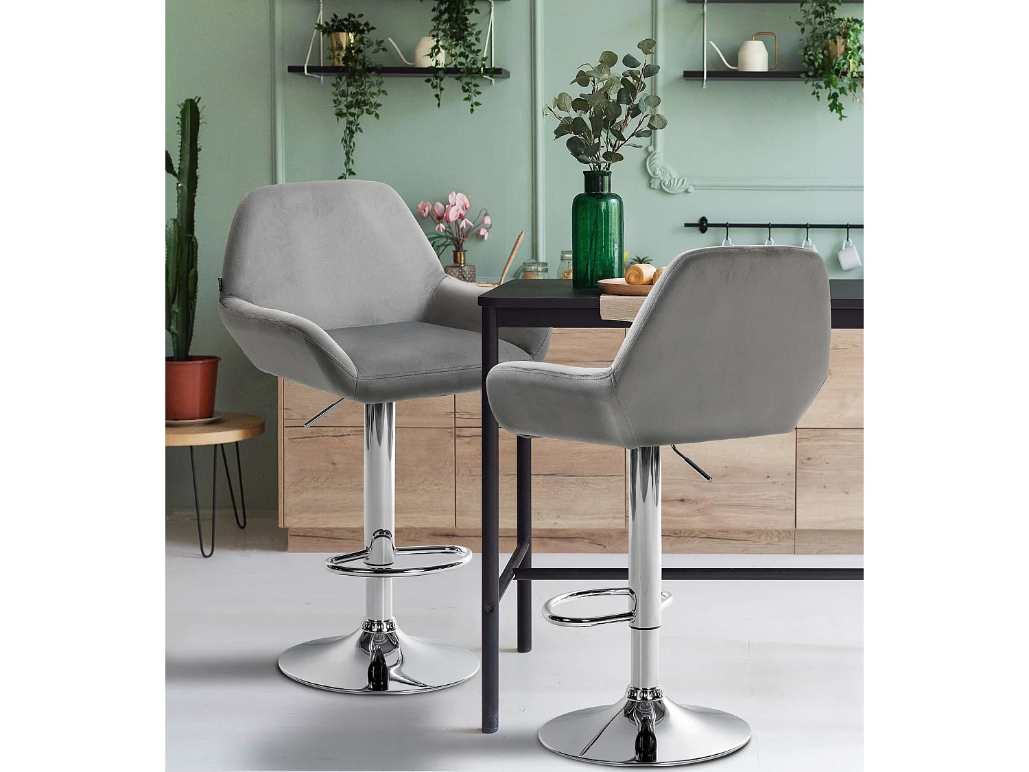 Lot de 2  Tabouret de bar - Velours - Gris - Braga