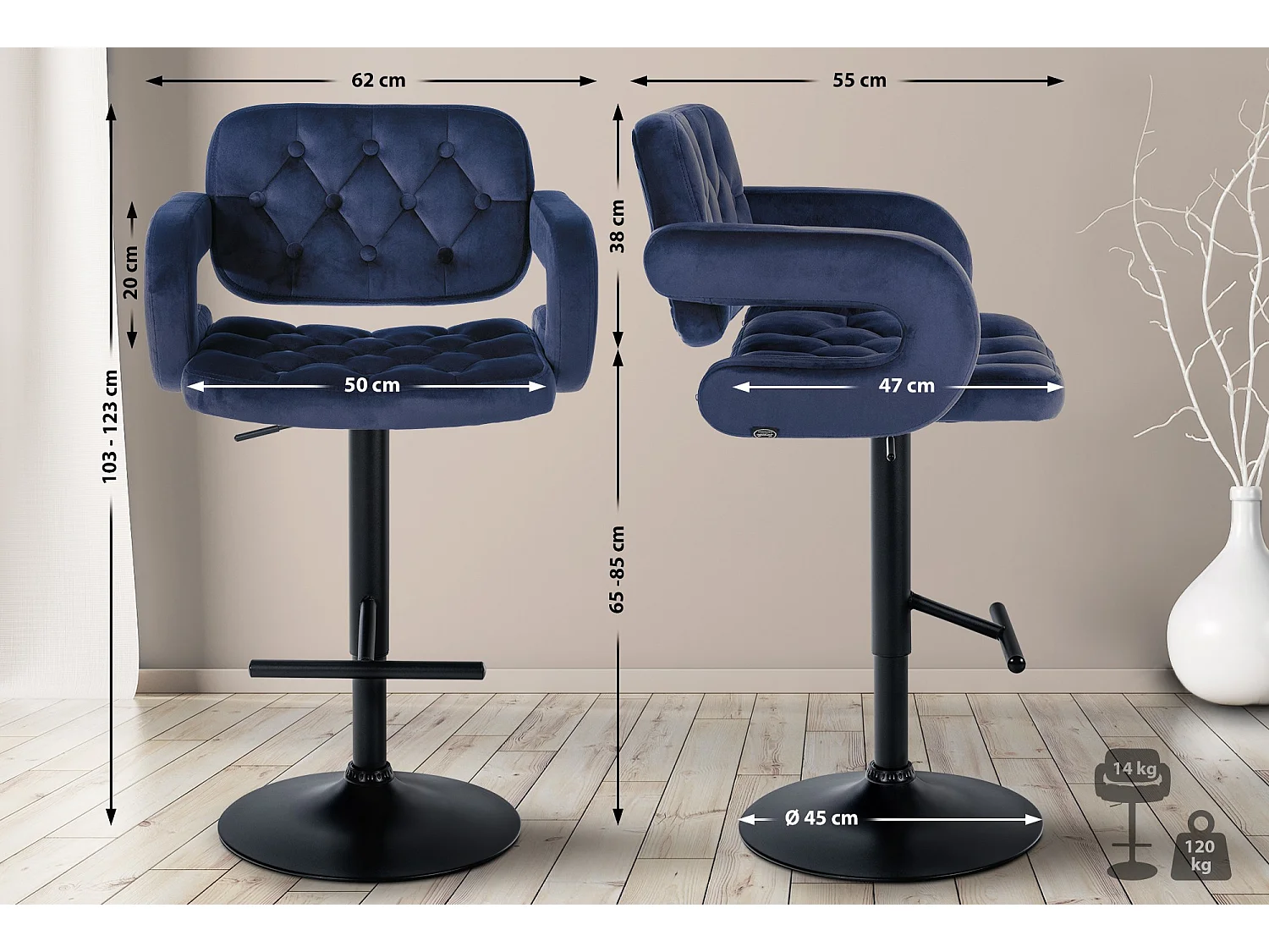 Tabouret de bar - Velours - Bleu - Dublin