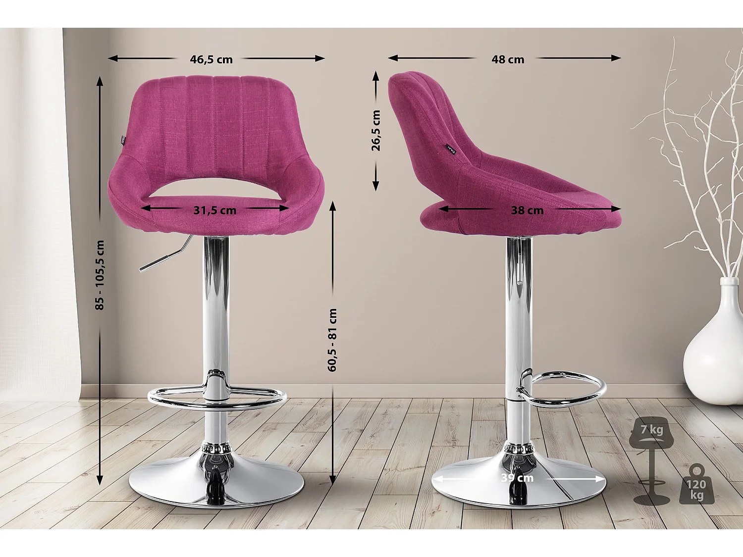 Tabouret de bar - Tissu & Chrome - Violet - Milet