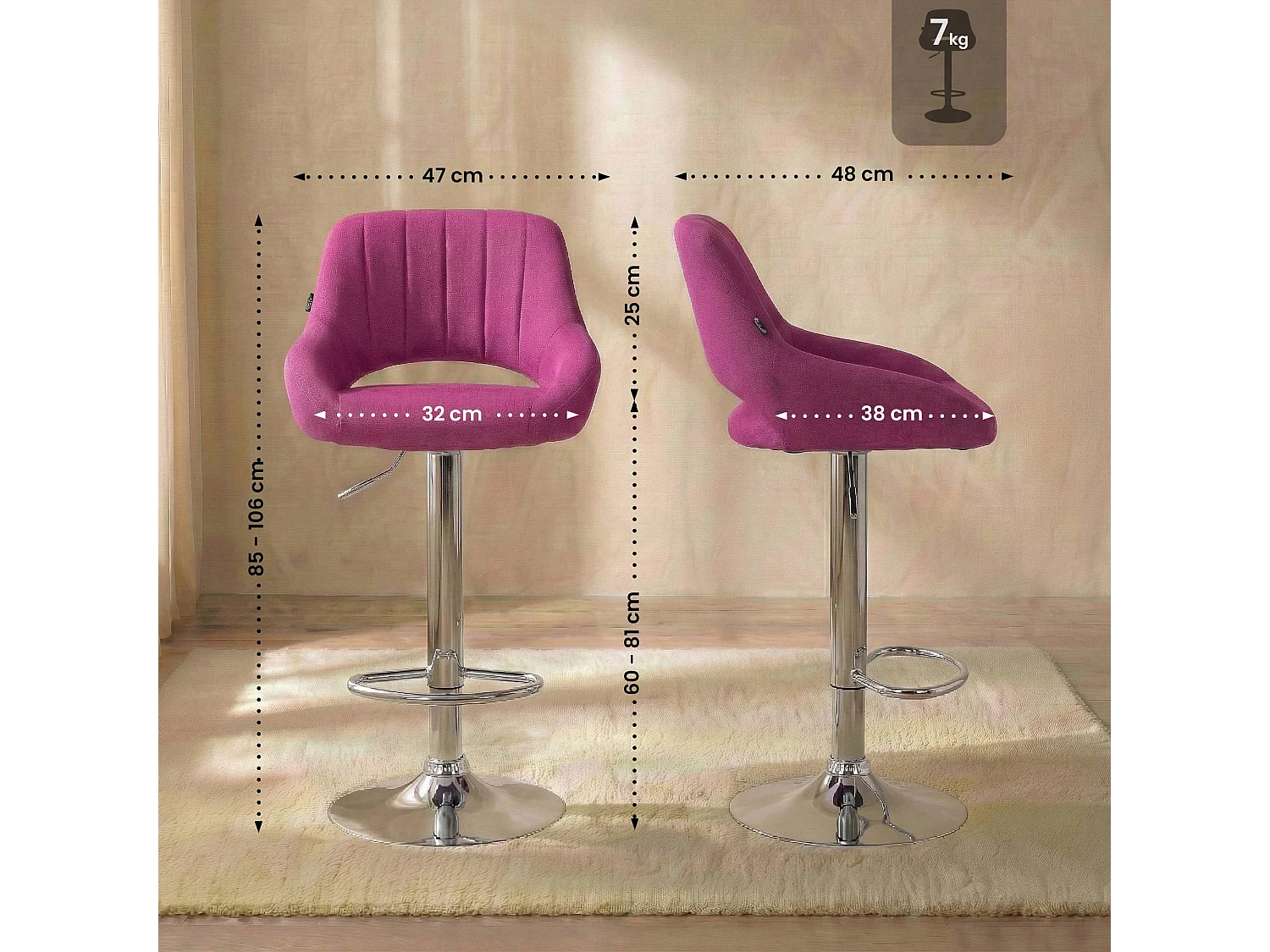 Tabouret de bar - Tissu & Chrome - Violet - Milet