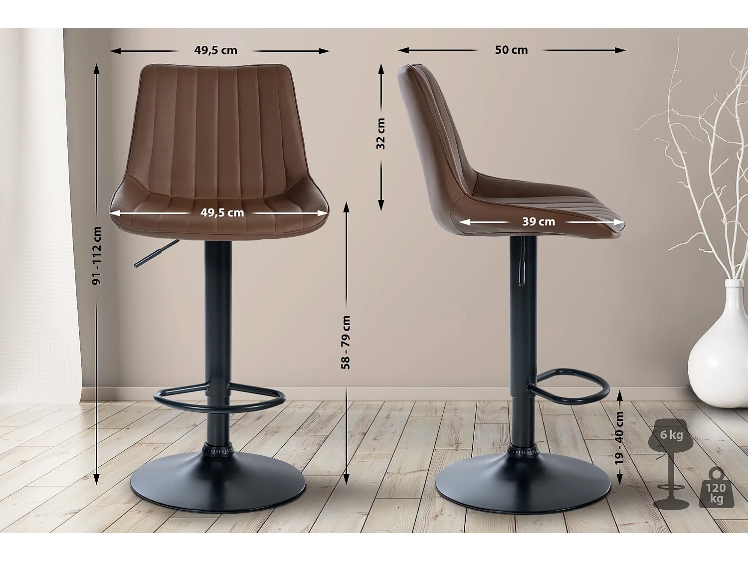 Tabouret de bar - Similicuir & Noir - Marron - Toni