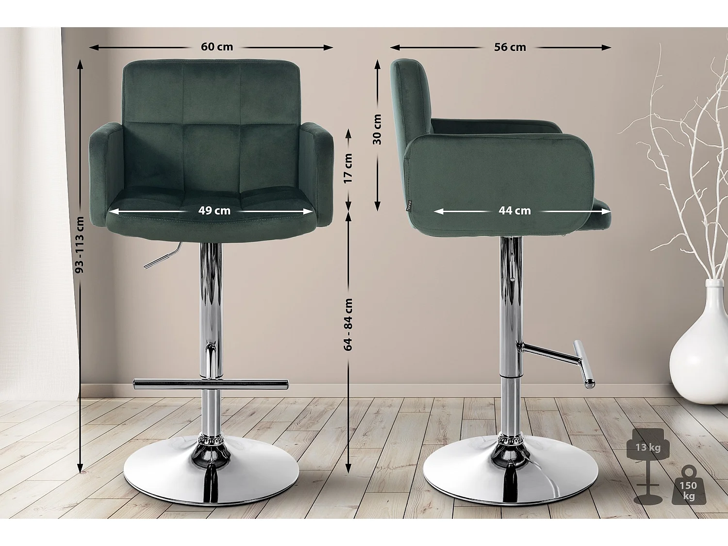 Tabouret de bar - Velours & Métal - Vert foncé - Los Angeles