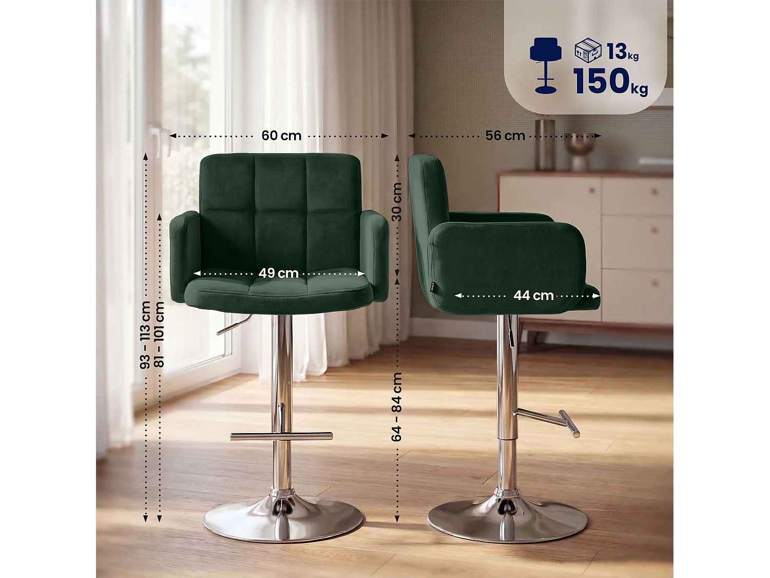Tabouret de bar - Velours & Chrome - Vert foncé - Los Angeles