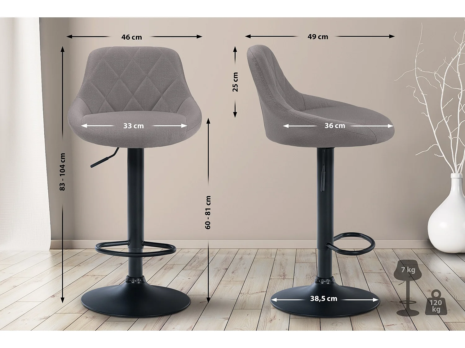 Tabouret de bar - Tissu & Noir - Gris - Lazio