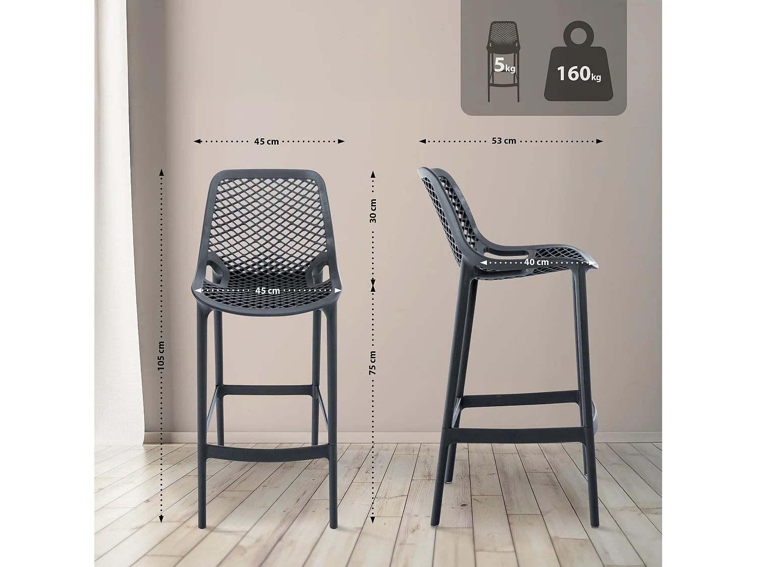 Lot de 2  Tabouret de bar - Plastique - Gris foncé - Air