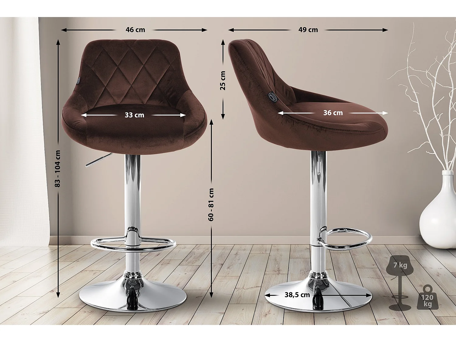 Tabouret de bar - Tissu & Chrome - Marron - Lazio