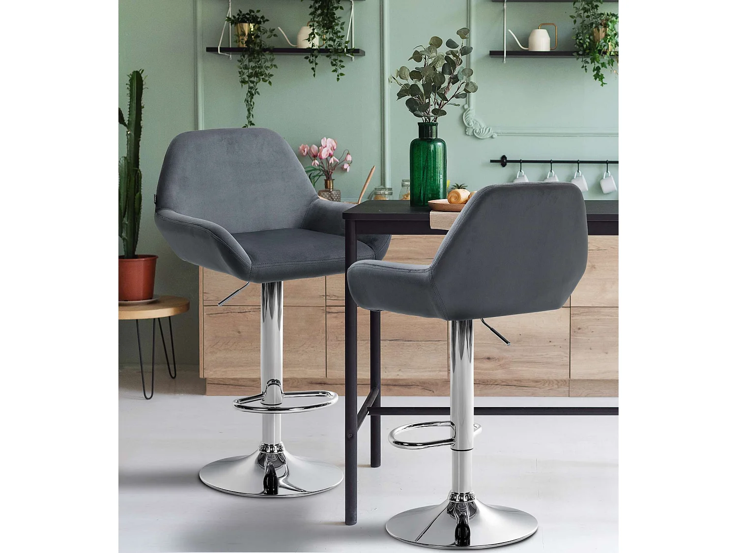 Lot de 2  Tabouret de bar - Velours - Gris foncé - Braga