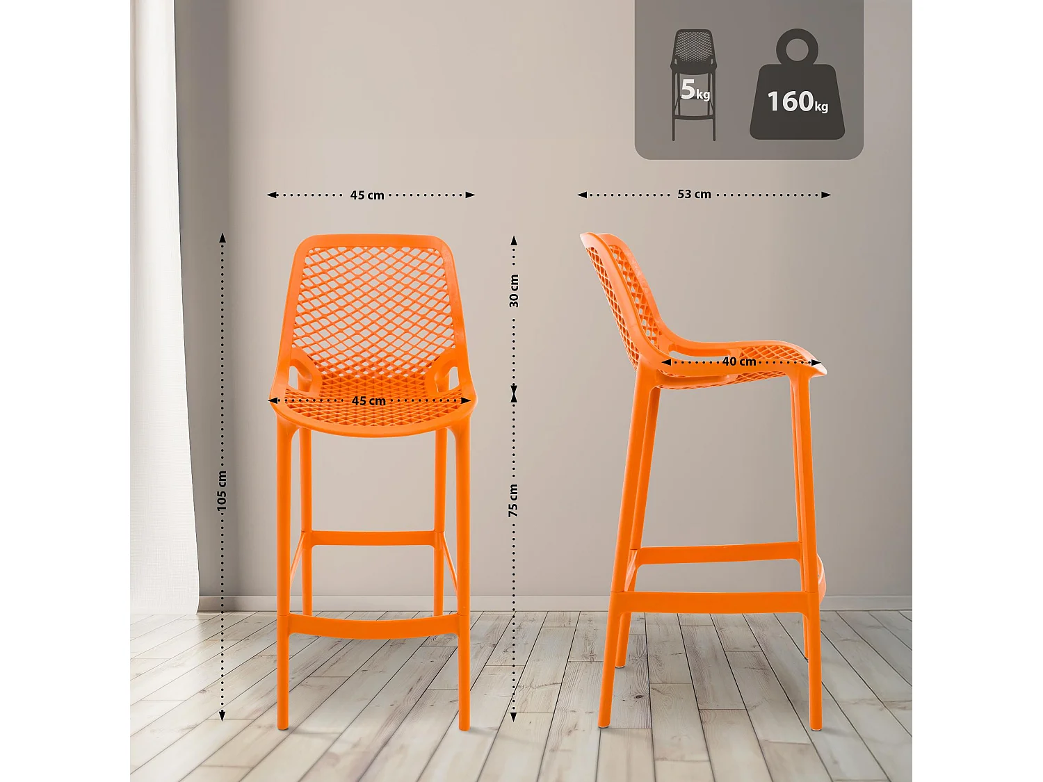 Lot de 2  Tabouret de bar - Plastique - Orange - Air