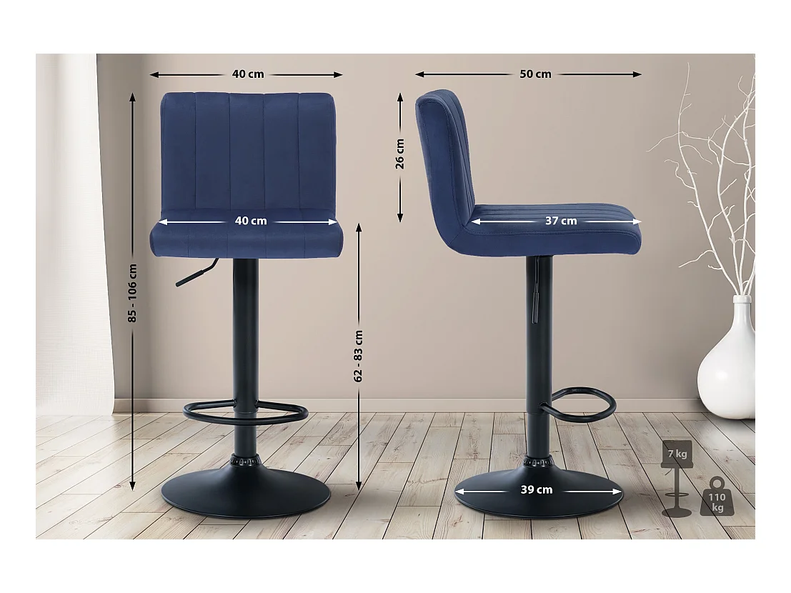 Tabouret de bar - Velours & Métal noir mat - Bleu - Jamie