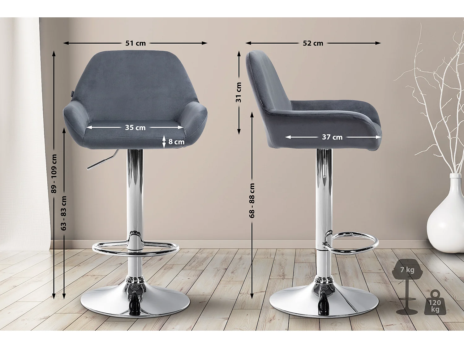 Tabouret de bar - Velours & Chrome - Gris foncé - Braga