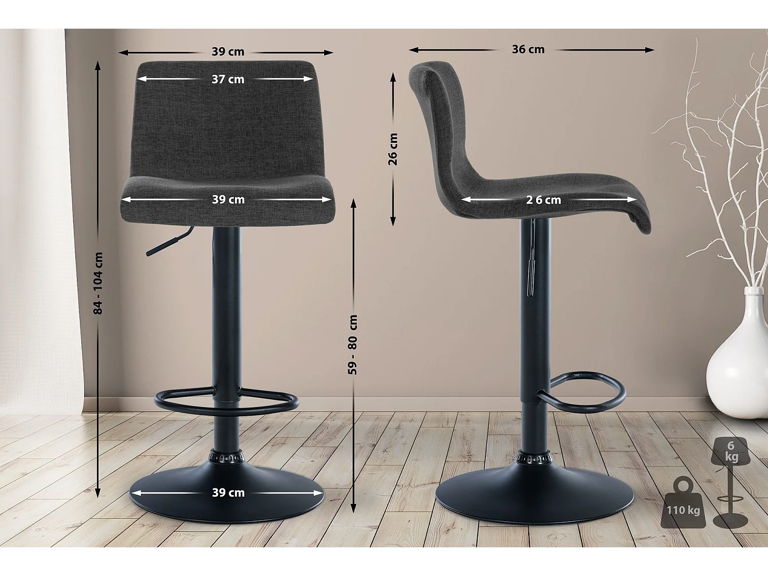 Lot de 2  Tabouret de bar - Tissu & Métal - Gris foncé - Branford