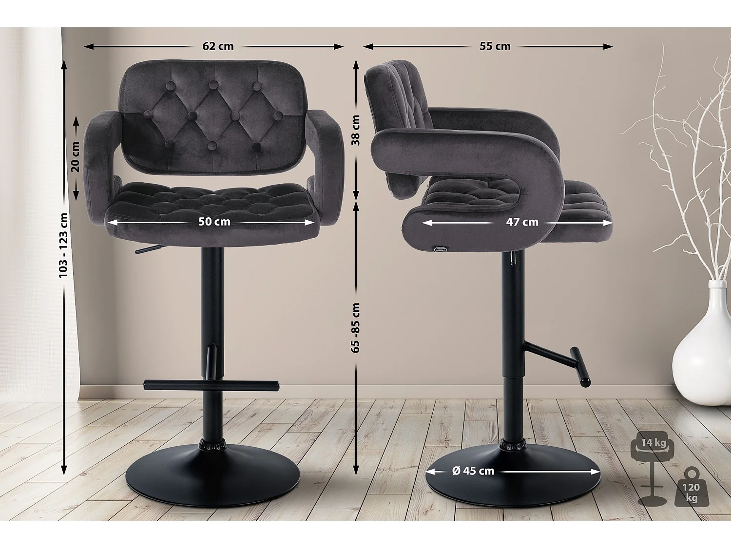 Tabouret de bar - Velours - Gris foncé - Dublin