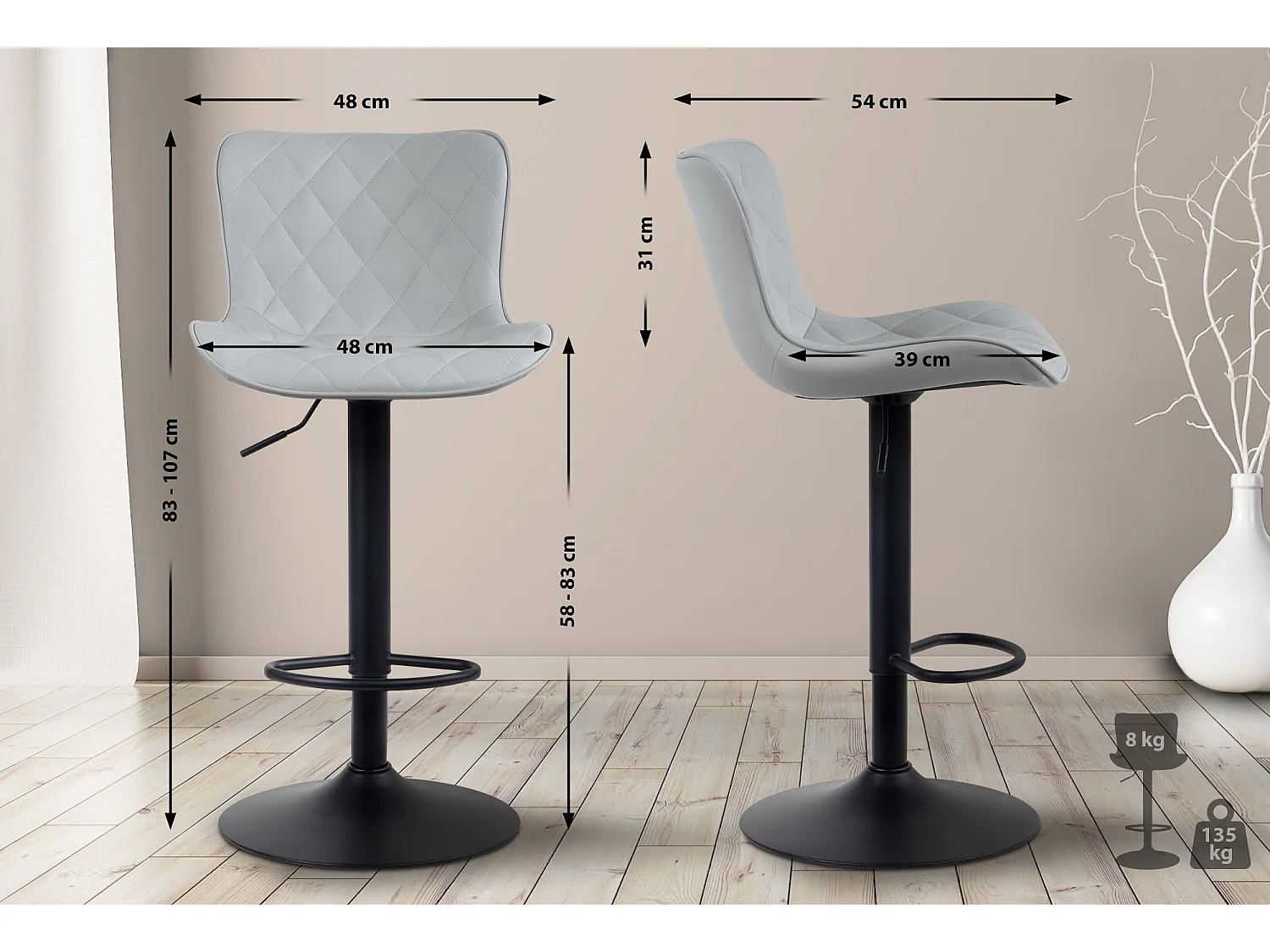 Tabouret de bar - Similicuir - Gris - Emma