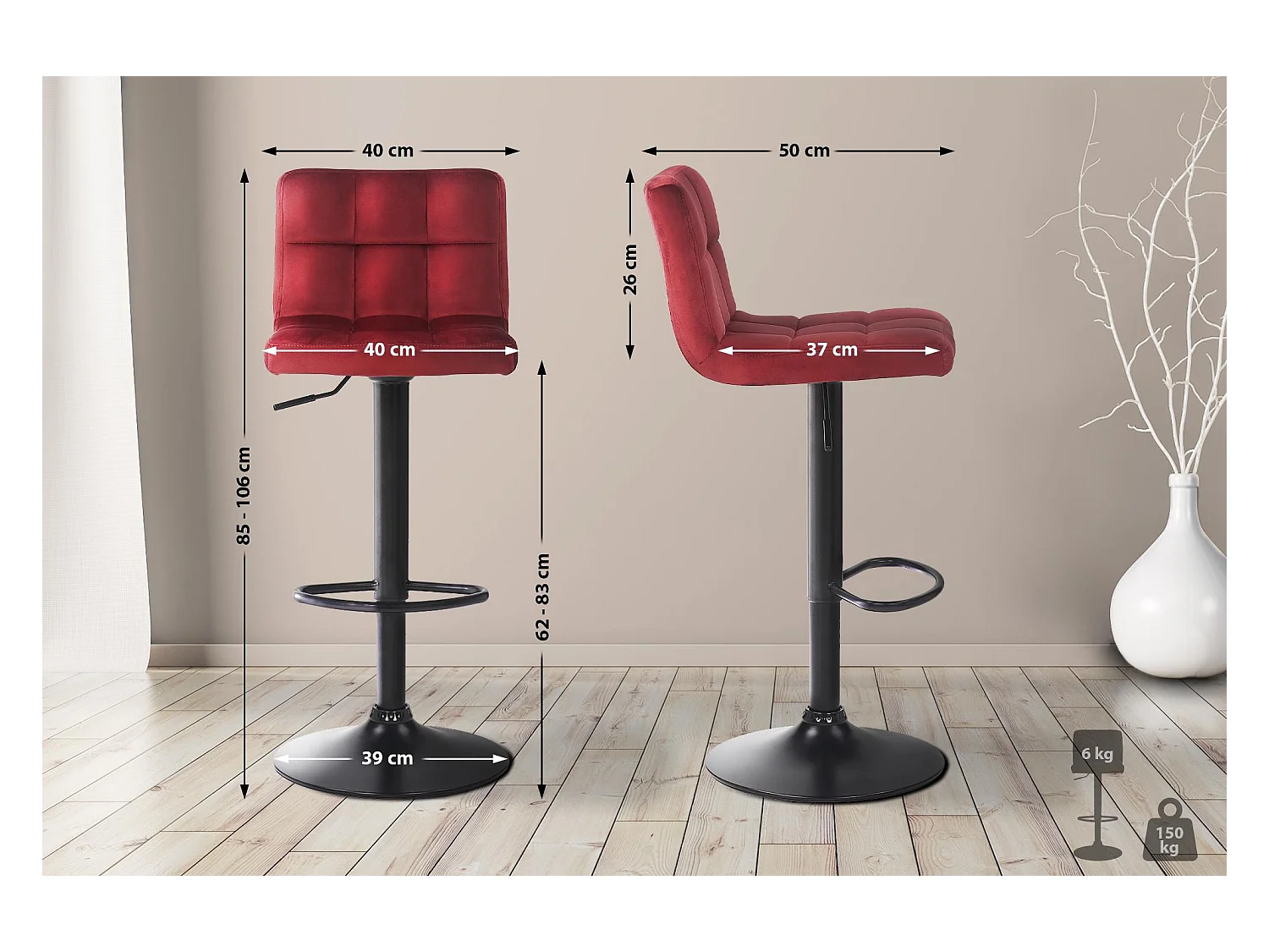 2er Set Barhocker - Samt - rot - Feni