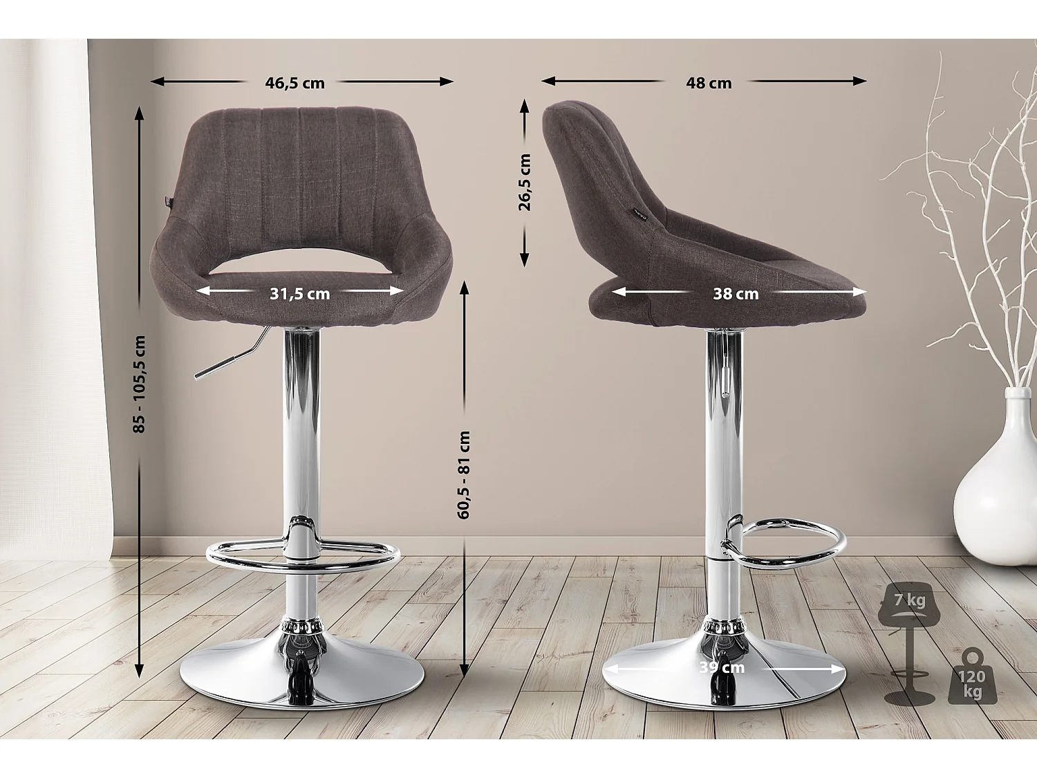 Tabouret de bar - Tissu & Chrome - Gris foncé - Milet