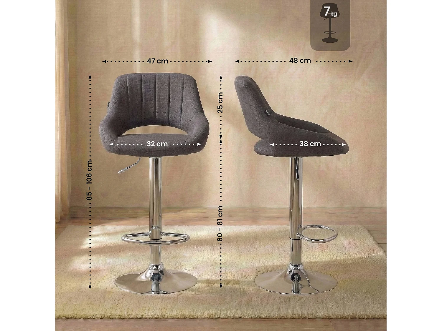 Tabouret de bar - Tissu & Chrome - Gris foncé - Milet