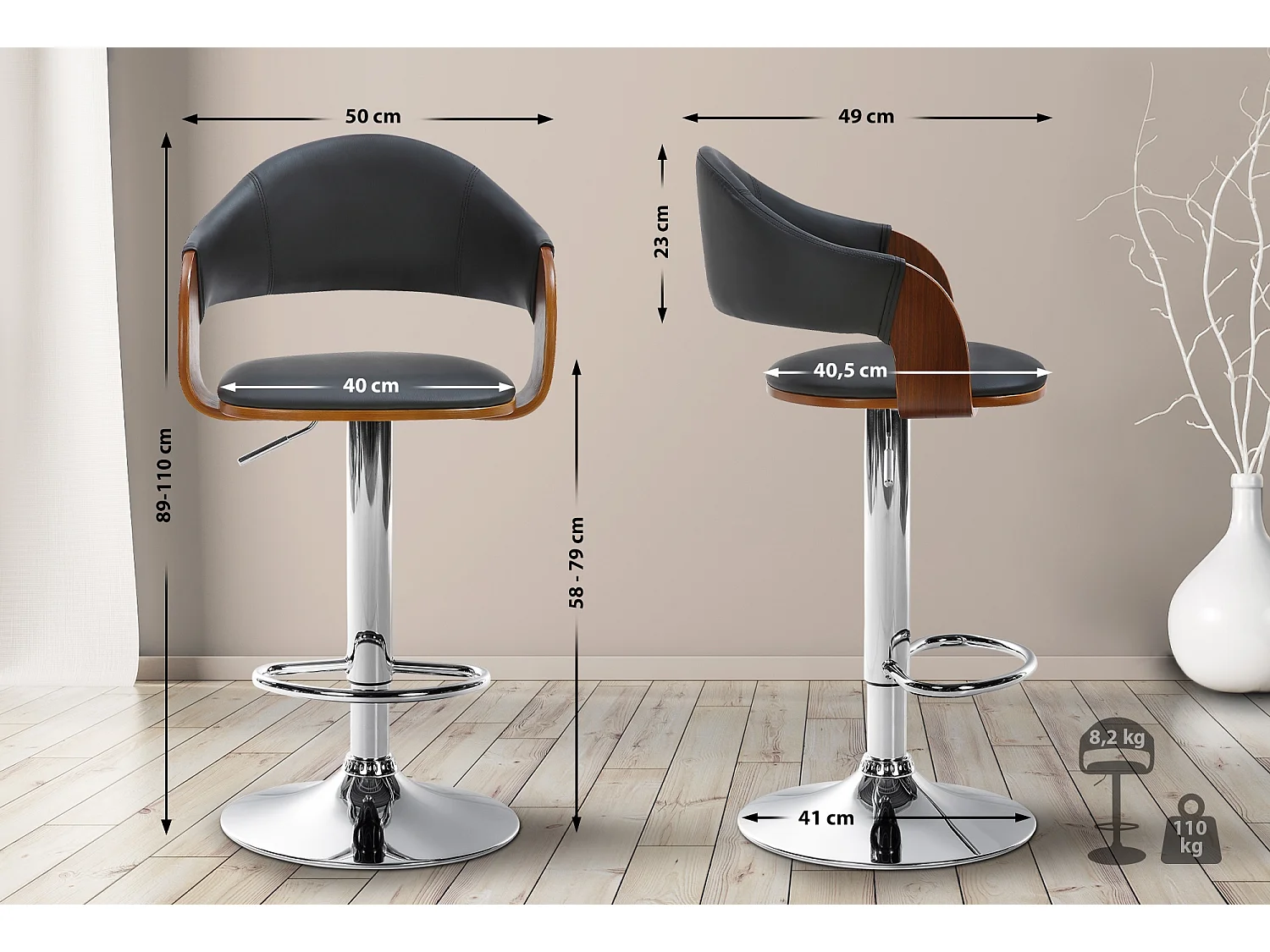 Tabouret de bar - Similicuir & Métal noir mat - Noyer / Noir - Nilse