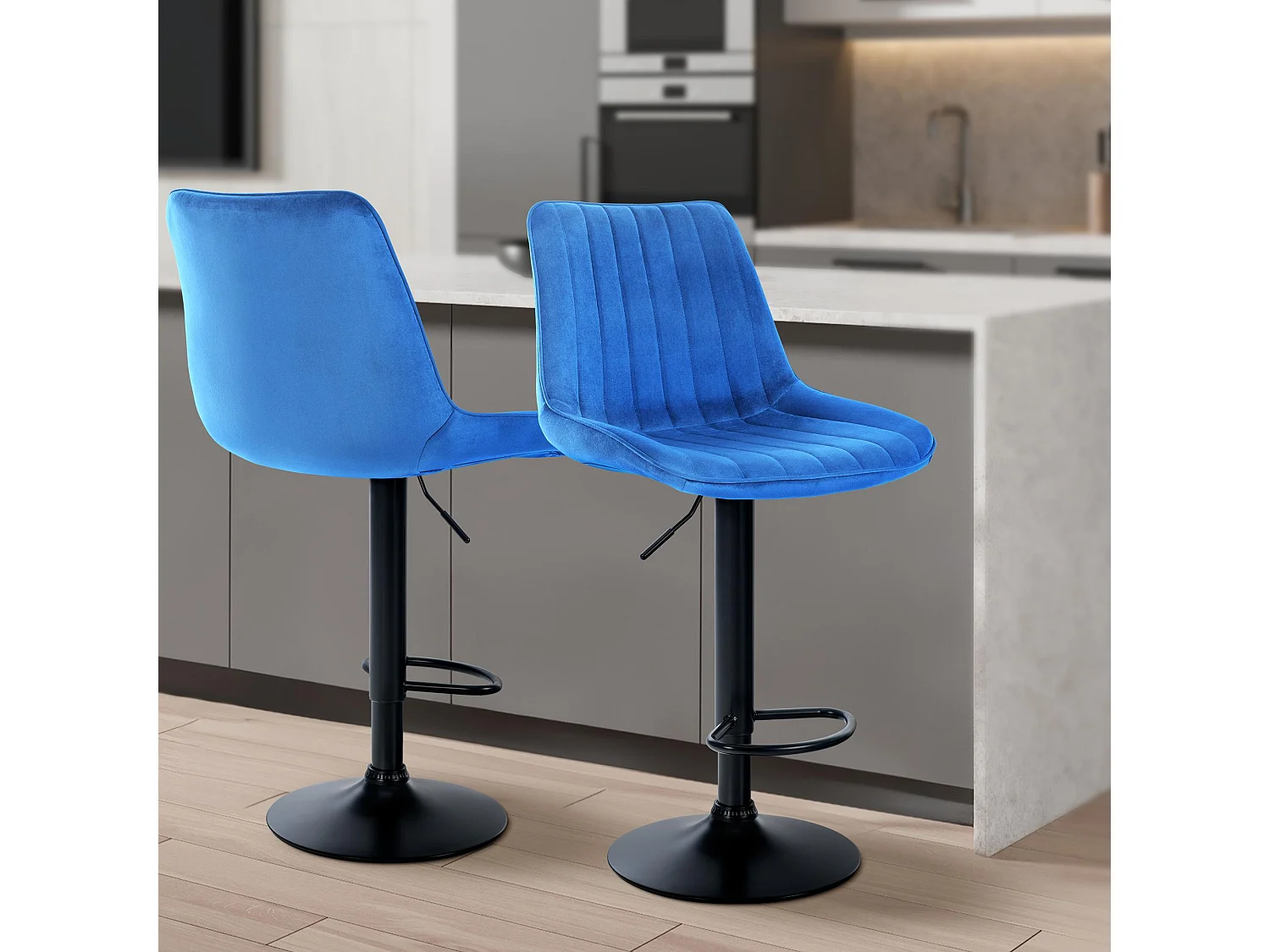 Tabouret de bar - Velours & Noir - Bleu - Toni