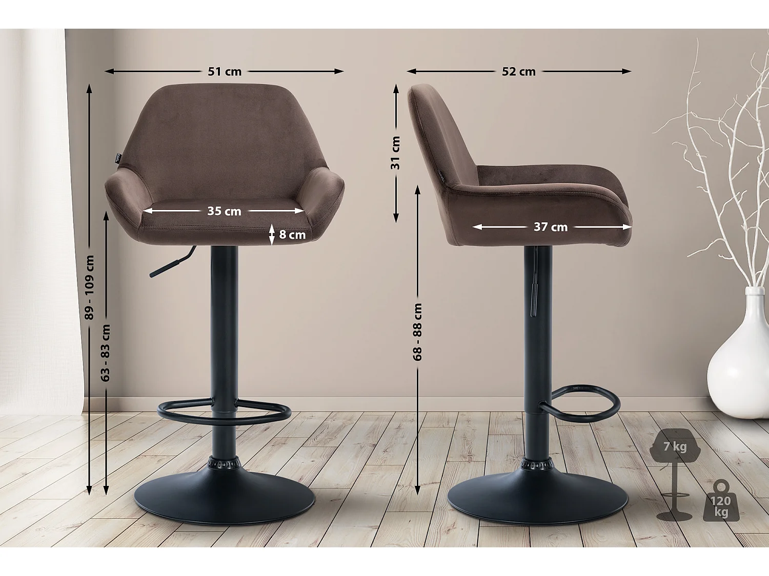 Tabouret de bar - Velours & Noir - Marron - Braga
