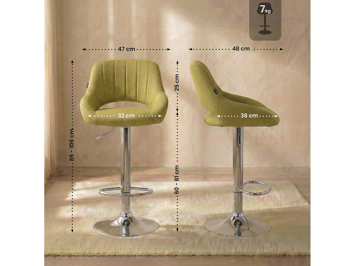 Tabouret de bar - Tissu & Chrome - Vert - Milet