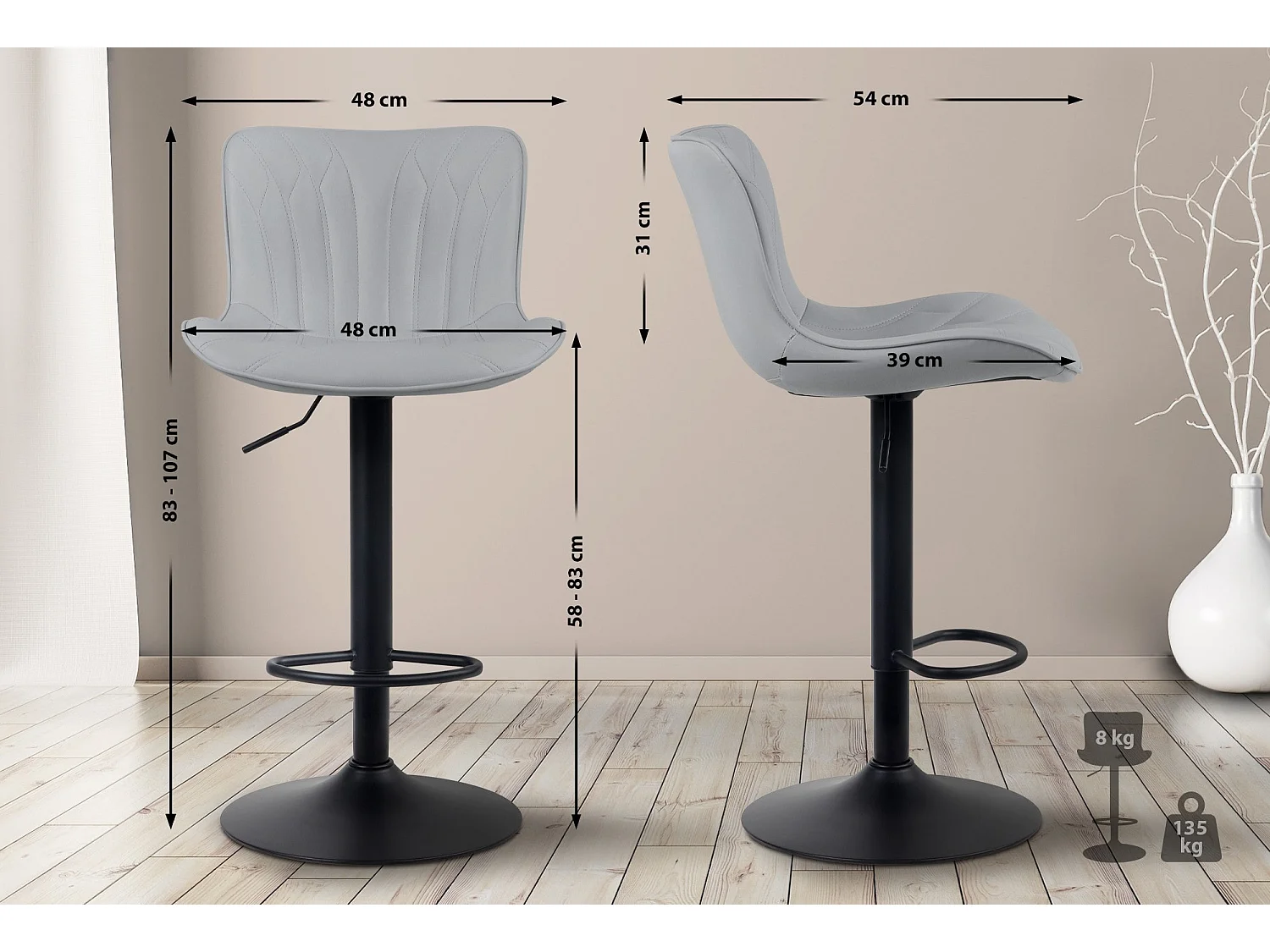 Tabouret de bar - Similicuir - Gris - Linus