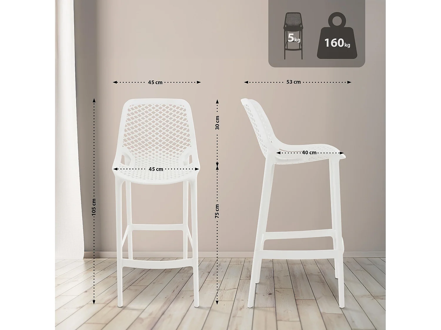 Lot de 2  Tabouret de bar - Plastique - Blanc - Air