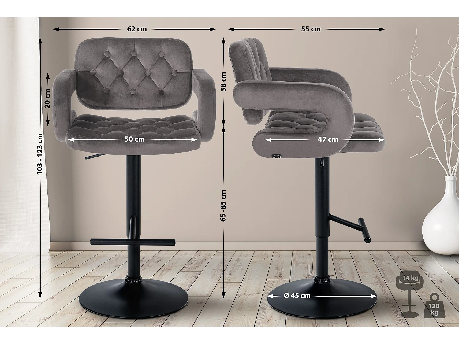 Tabouret de bar - Velours - Gris - Dublin