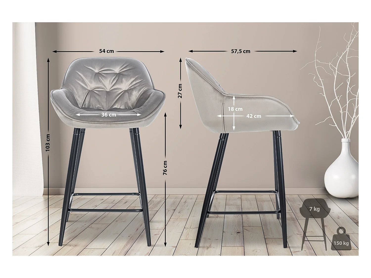 Tabourets de bar - Velours & Métal - Gris - Gibson 76
