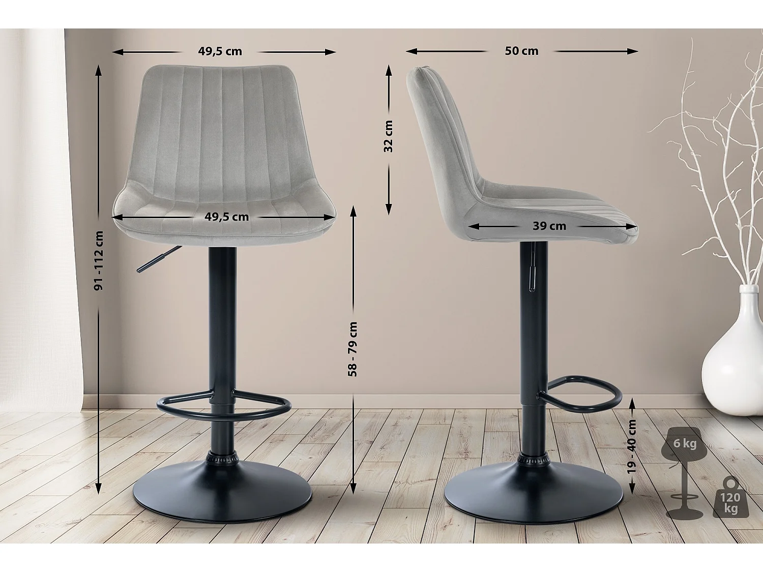 Barhocker - Samt & schwarz - grau - Toni