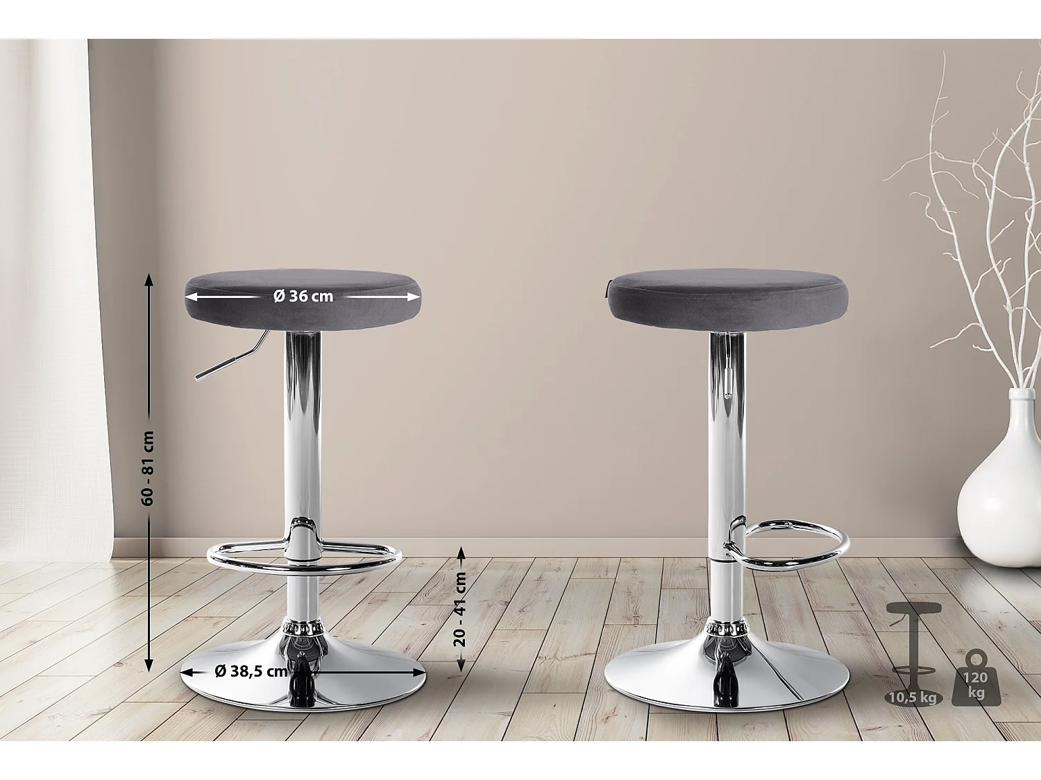 Lot de 2 Tabourets de bar - Velours & Métal - Gris foncé - Ponte