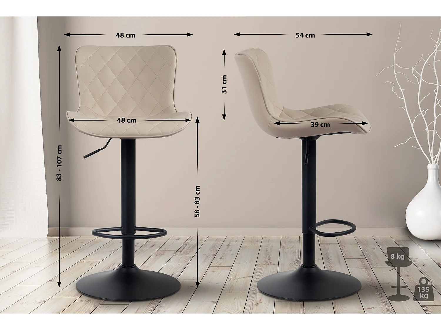 Tabouret de bar - Similicuir - Crème - Emma