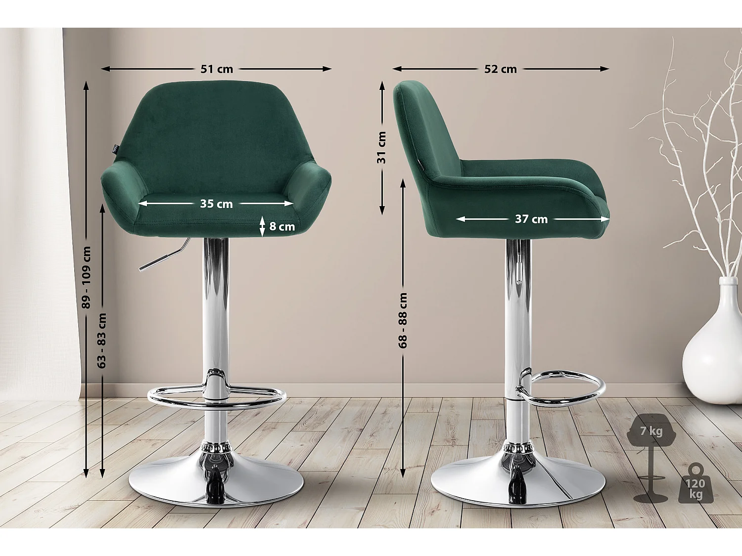 Tabouret de bar - Velours & Chrome - Vert foncé - Braga