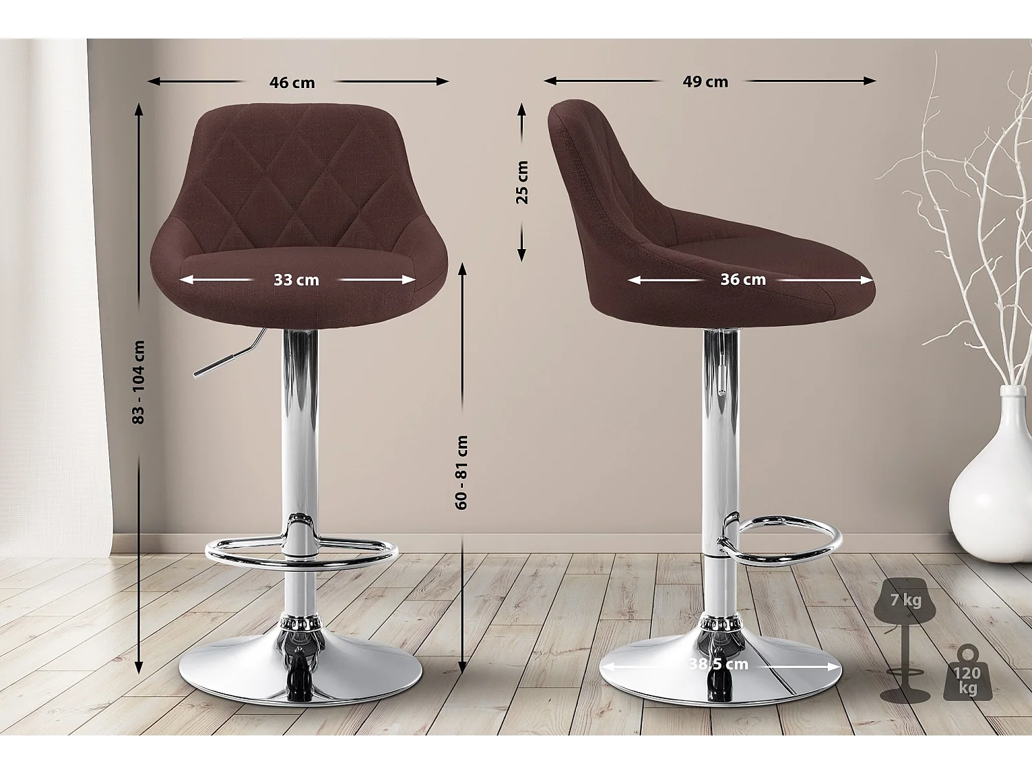 Tabouret de bar - Tissu & Chrome - Marron - Lazio